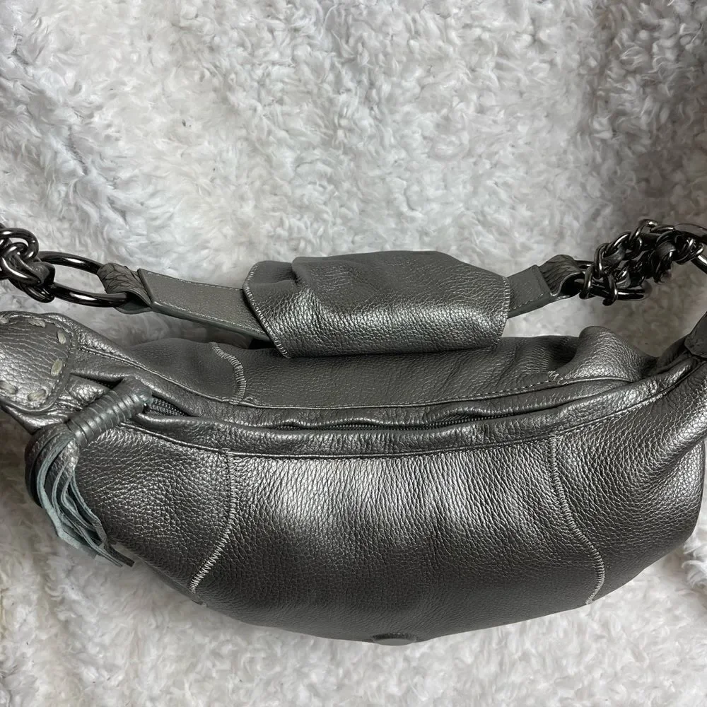 CHI by Carlos Falchil Hobo leather gray shoulder bag with shake skin flap& strap